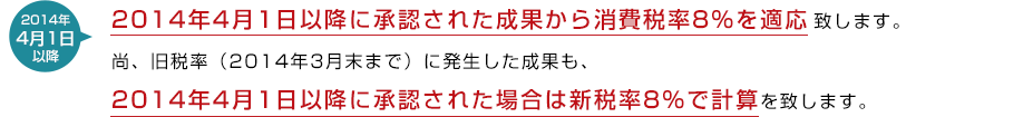 2014年4月1日以降に承認された成果から消費税率8%を適応致します。尚、旧税率（2014年3月末まで）に発生した成果も、2014年4月1日以降に承認された場合は新税率8%で計算を致します。